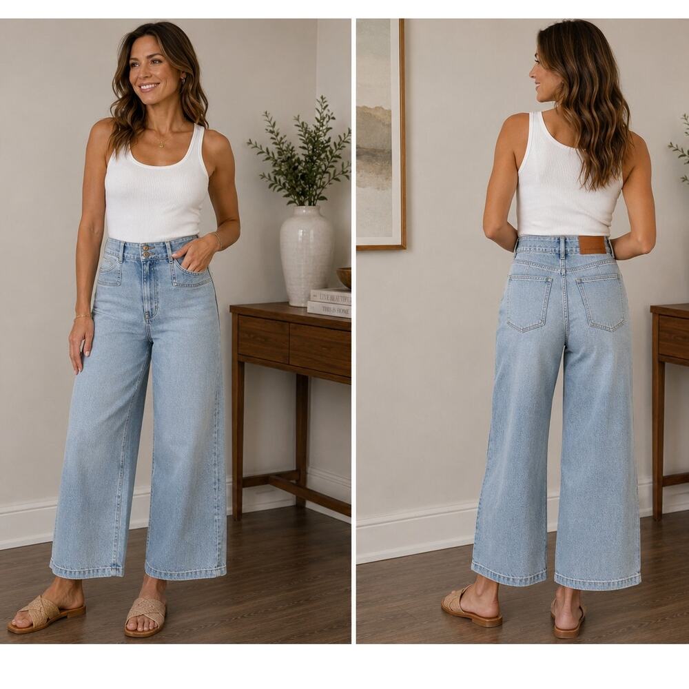 NWT Unpublished Jeans Women 27 Light Wash High Rise Wide Leg Double Button Denim